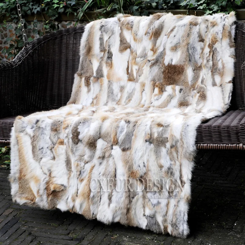CX-D-11C Patchwork Home Decor Real Rabbit Fur Throw Blanket Shawl