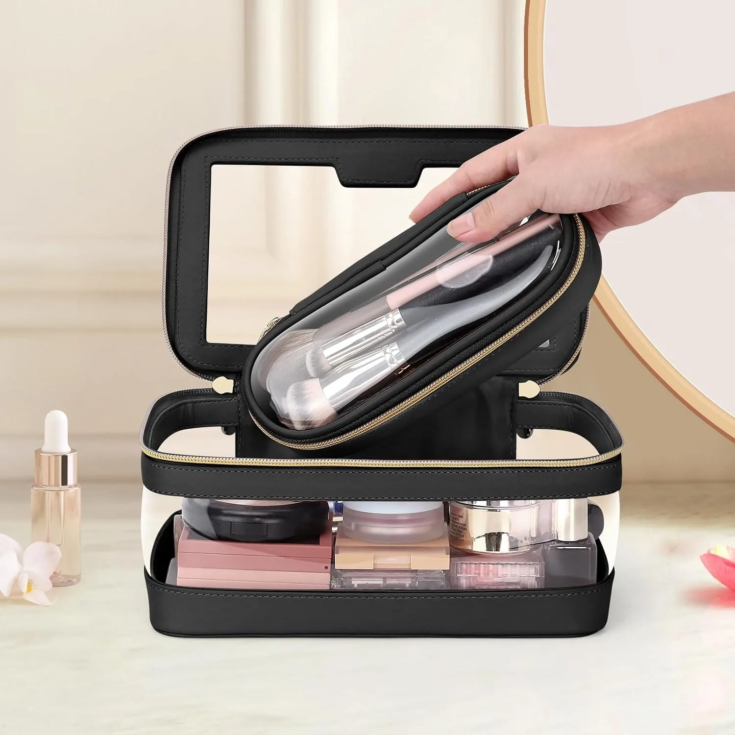 High Quality Luxury Portable Transparent Clear Travel Makeup Organizer Bag Professional Custom Logo Zipper Closure Leather
