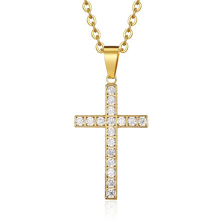 Trendy Stainless Steel Religious Fine Jewelry Minimalist 18k Gold Plated Women CZ Diamond Cross Necklace