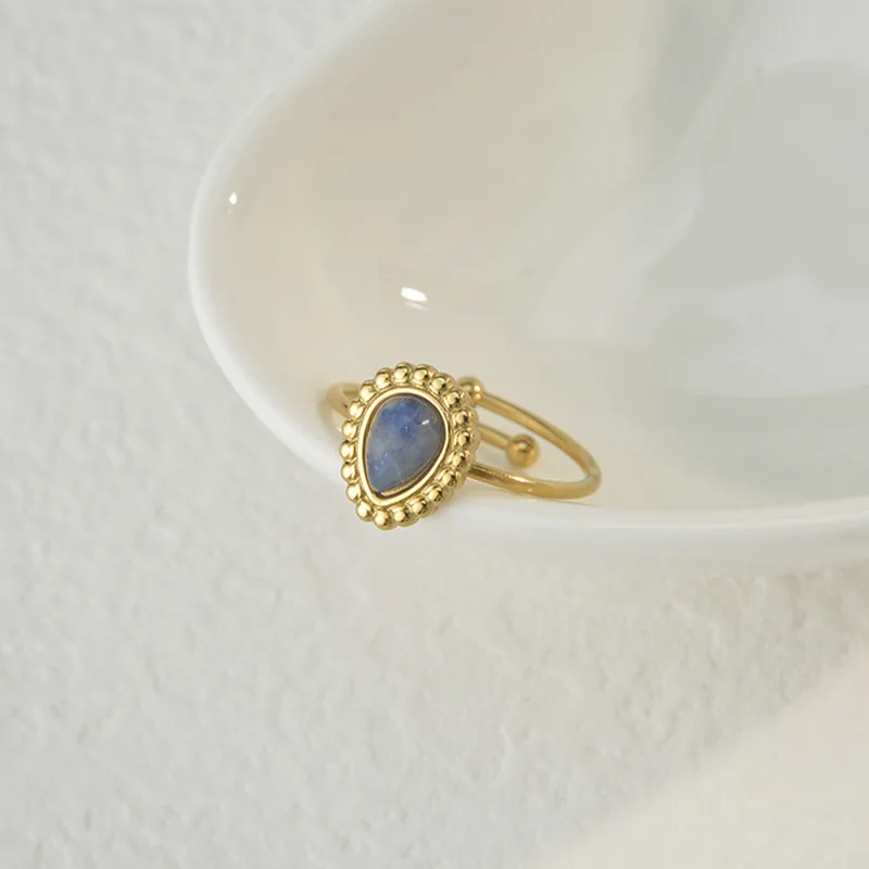 French Style Retro Elegant 14K Gold Plated Adjustable Water Drop Pine Stone C Shape Ring for Women