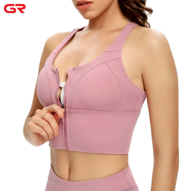 Breathable Nylon Spandex Strappy Padded Yoga Bra Wide Band Custom Women High Impact Front Zipper Sports Bra