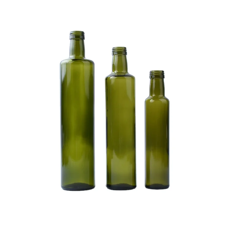 250ml 500ml 750ml Cylinder Round Dark Green Glass Olive Oil Bottle With Inner Stopper and Plastic Cap