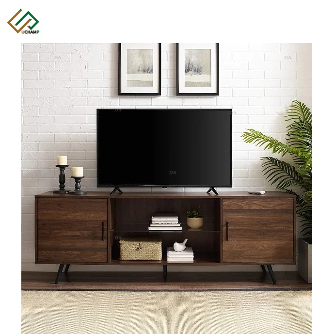 Japanese Recycled Pine Living Room Metal Legs Wooden TV Cabinet with 2 Doors and Glass Shelves