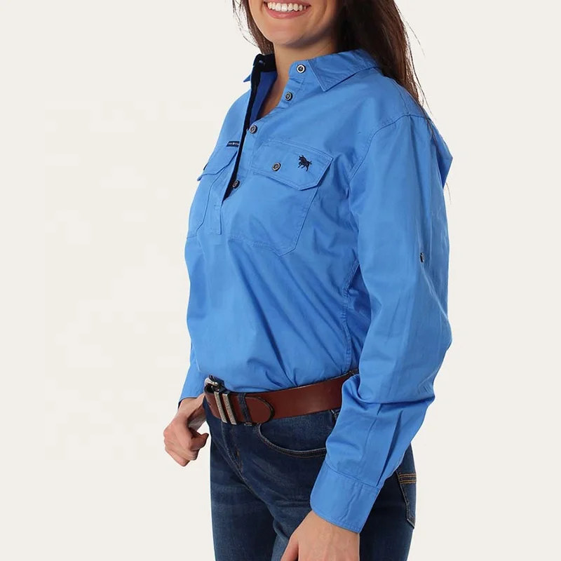 Women cotton drill button up work shirts for women long sleeve turn down collar solid color country work shirts