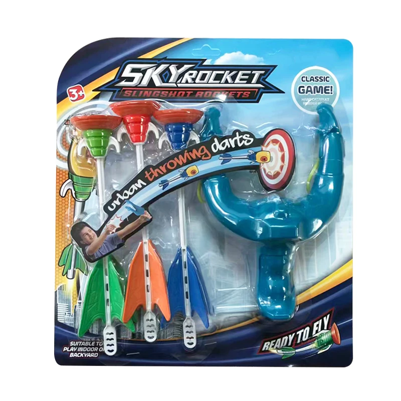 Kids outdoor sucker dart missile launcher led slingshot flying rocket toy set