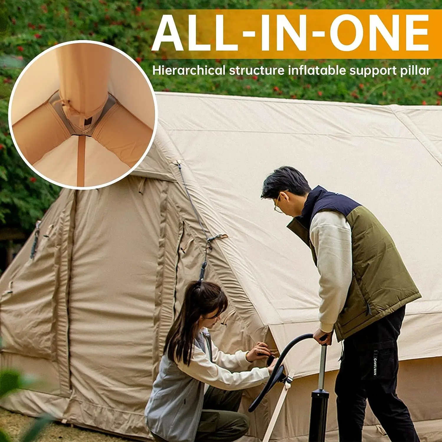 Inflatable 4 Season Waterproof Windproof Glamping Tent Luxury Cabin Mesh Windows Doors Easy Setup Outdoor Blow Camping Tent Pump