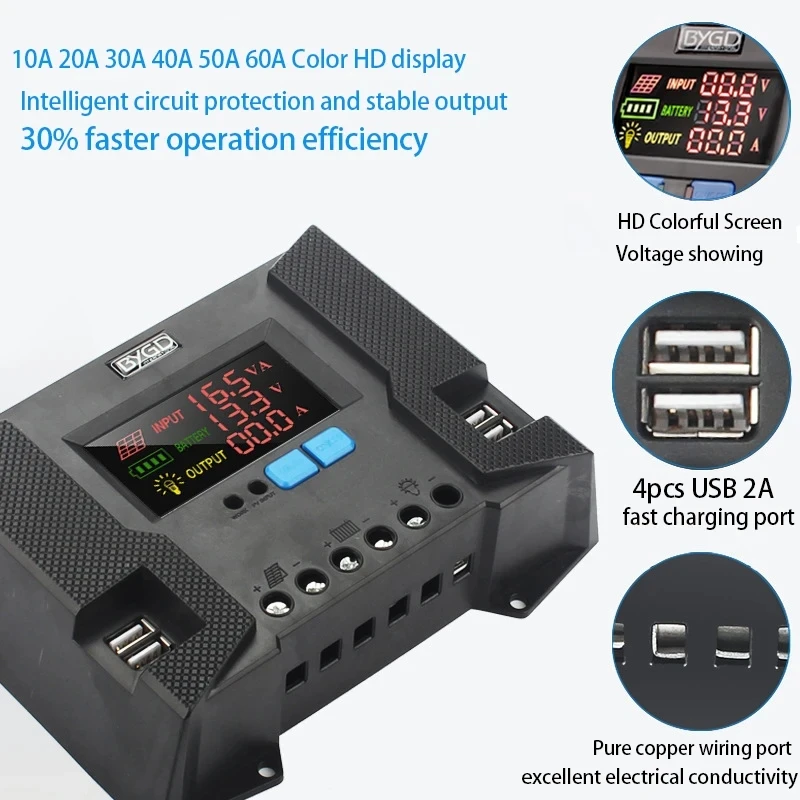 50V DC Solar Panel Controller Regulator Double Dual USB HD Colorful Screen 20A 30A 40A 12V 24V PWM PV Solar Charging Controller