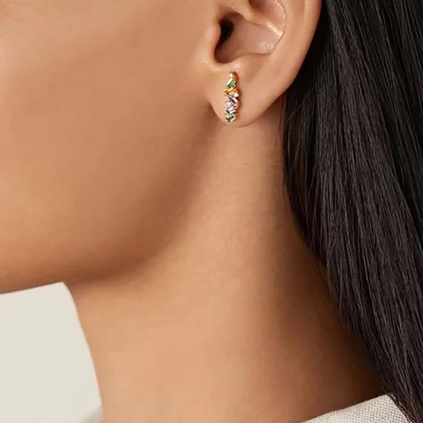 Hip Hop Jewelry Korean 18k Gold Plated Rainbow Baguette Stud Earring