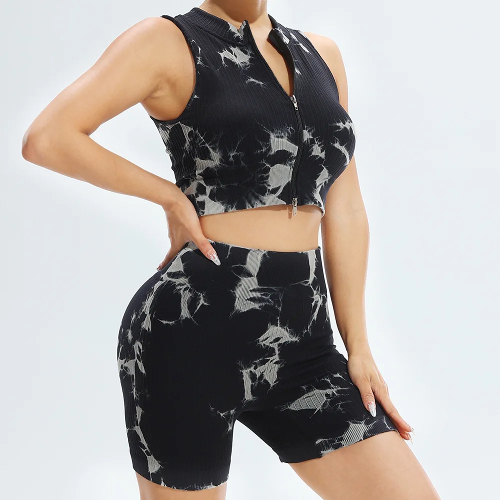 Nylon 90% Spandex 10% ladies 2 piece Tie dye Seamless Shorts fitness sports Tops Sleeveless full zipper up Vest yoga suit set