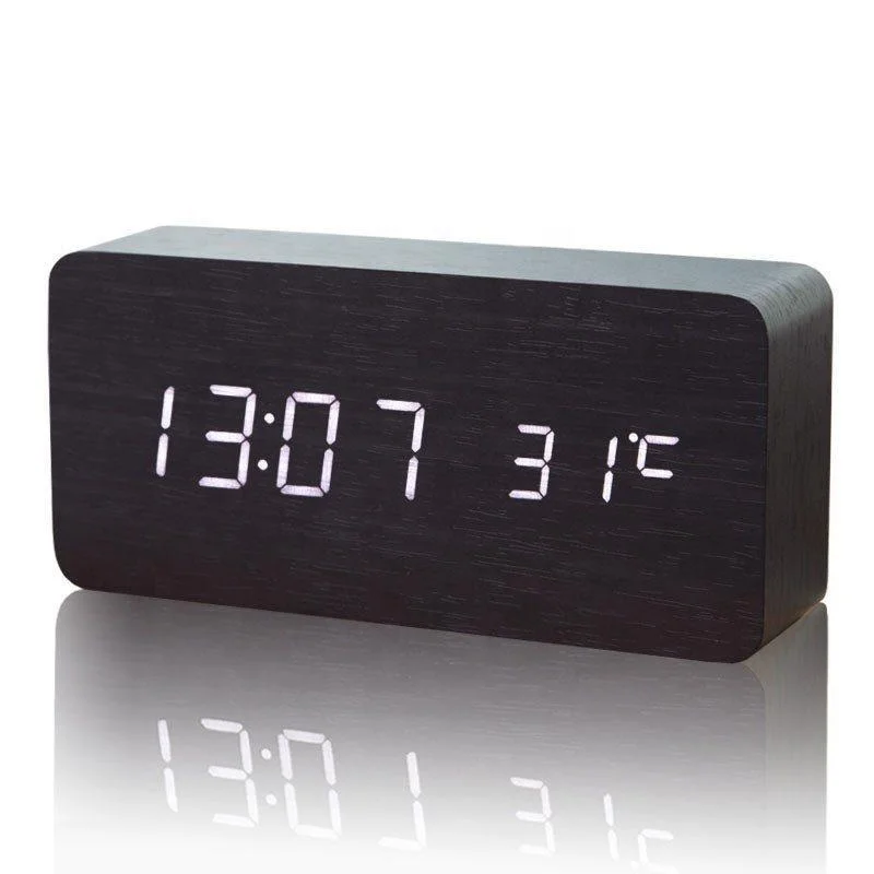 LED digital alarm clock with indoor temperature and humidity digital wood table clock wooden desk alarm clock despertador reloj