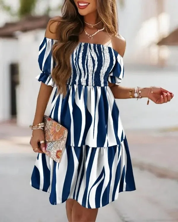 S-3XL Wholesale temperament short-sleeved pleated paneled print summer off shoulder party dresses women hawaiian prom dress