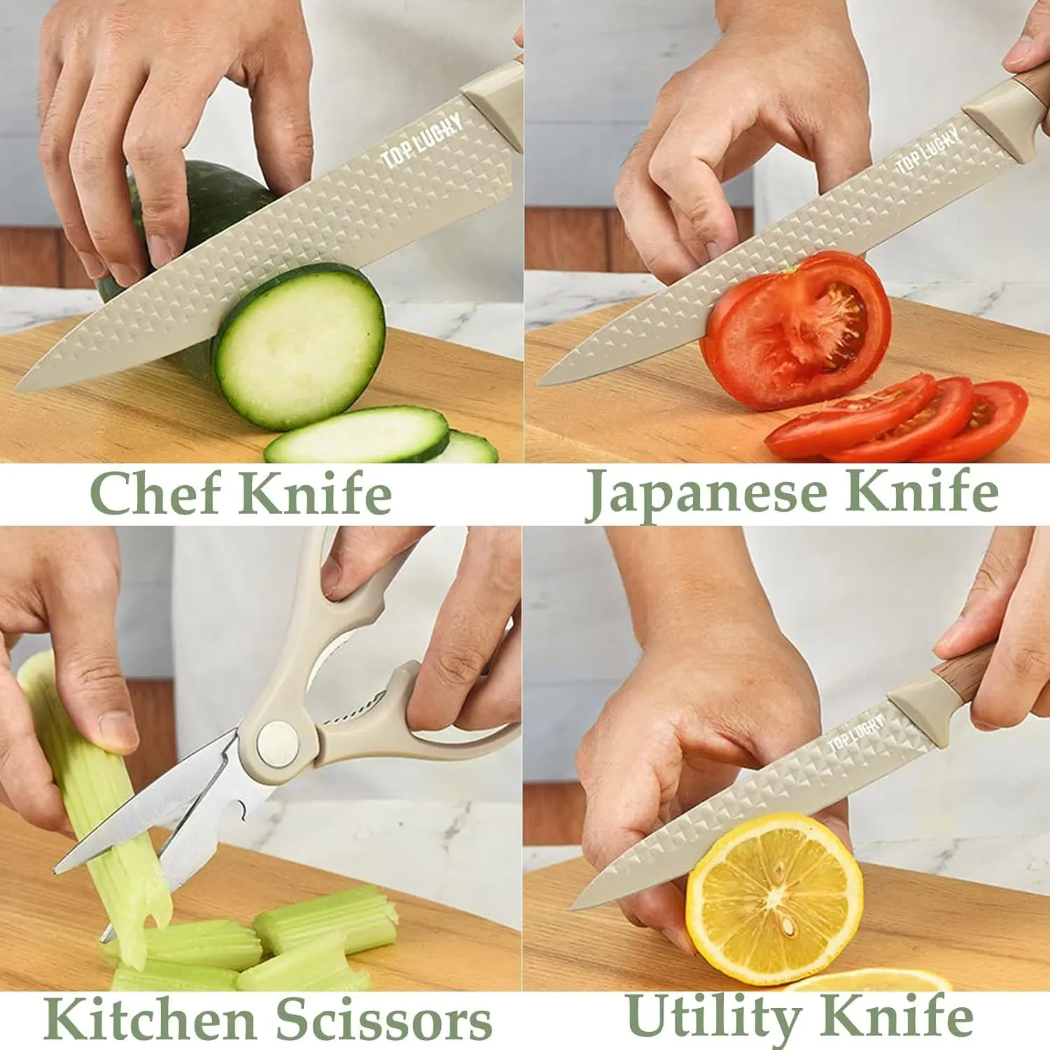 6-Pieces Khaki Sharp Non-stick Non-slip Stainless Steel Chef Suitable for Home Restaurant Kitchen Knife Set