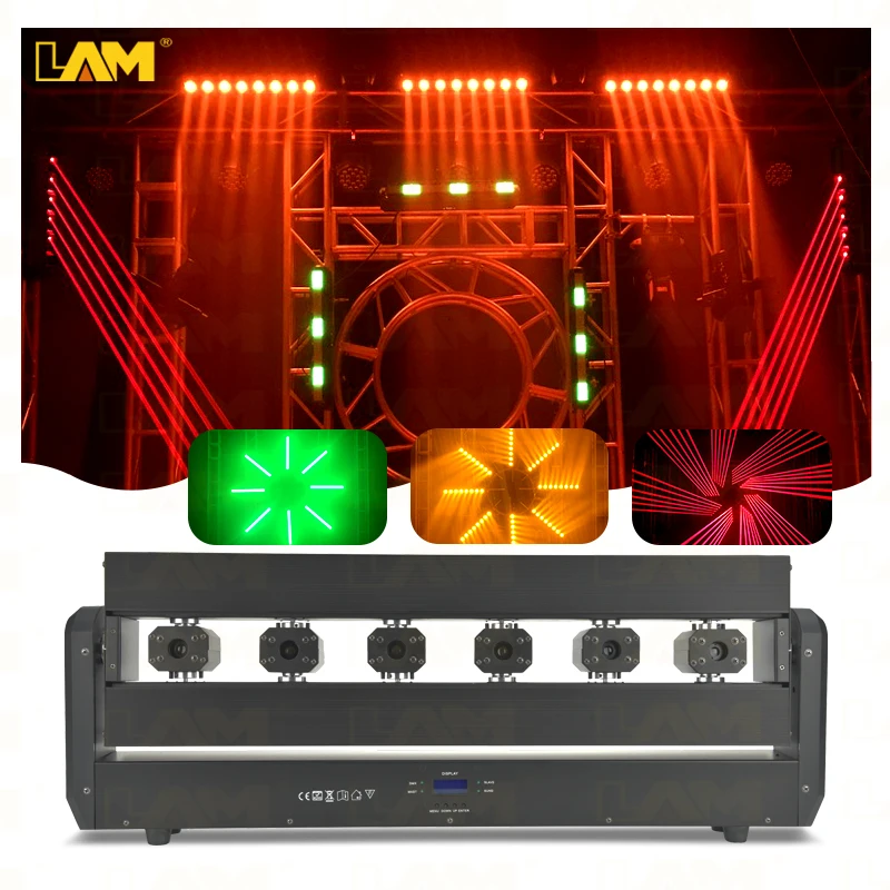 LAM Disco Light 6 Heads Red Laser Bar Lights 6 Eyes RGB Laser Strobe Amber Beam 3in1 Moving Head Stage lighting For DJ Nightclub