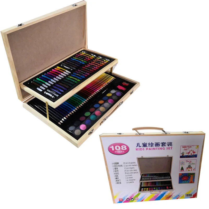 wooden wood 108PCS 108 pcs school art drawing stationery coloring set for kid
