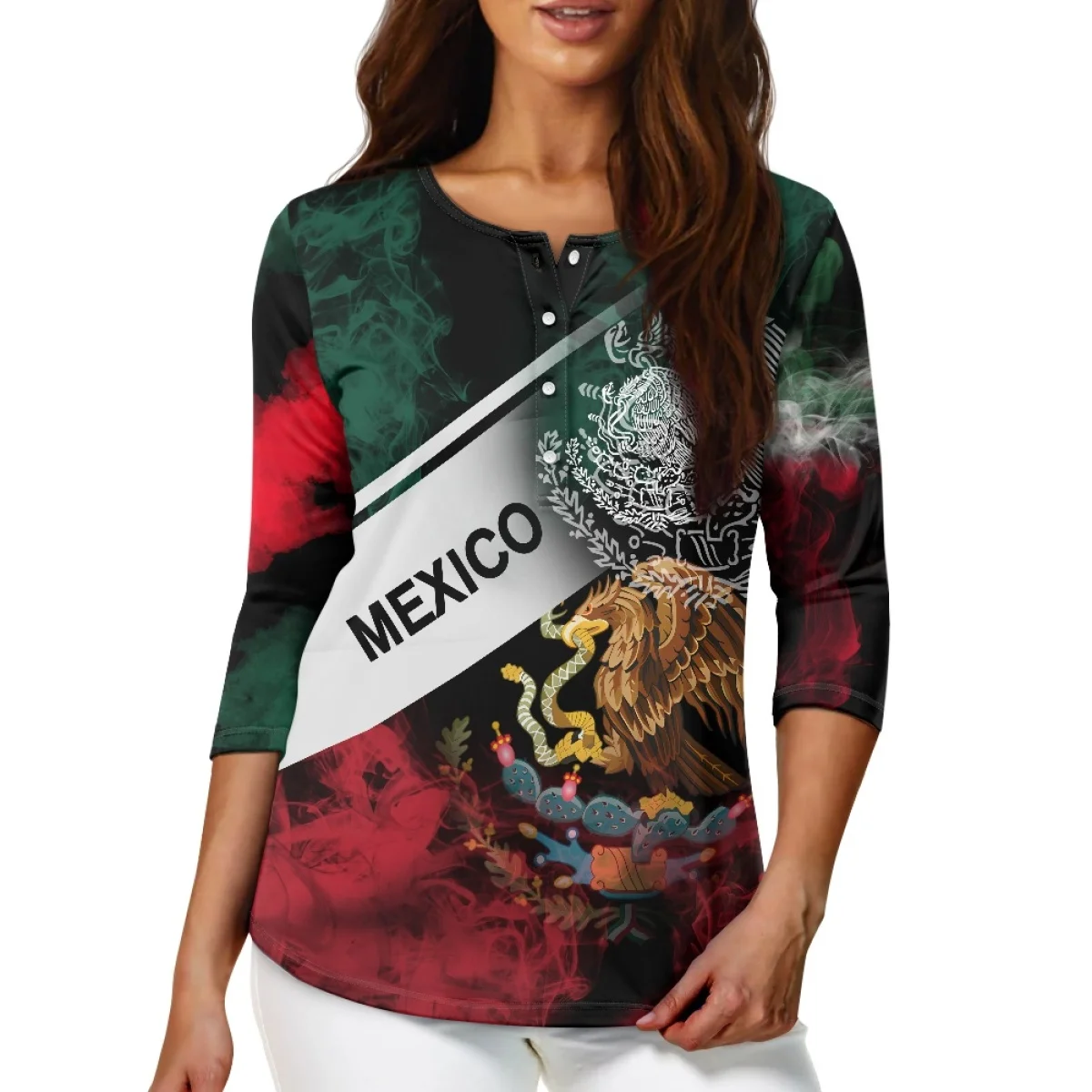 Custom Three-quarter Sleeve Shirt for Women Wholesale Sublimation Printed T-shirts Print on Demand Mexico Design Oversize Blouse