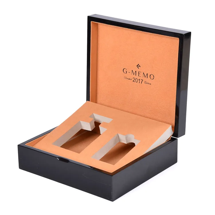 Luxury Custom Wooden Oud Perfume Oil Packaging Box Black outside and gold inside high gloss paint perfume wooden box