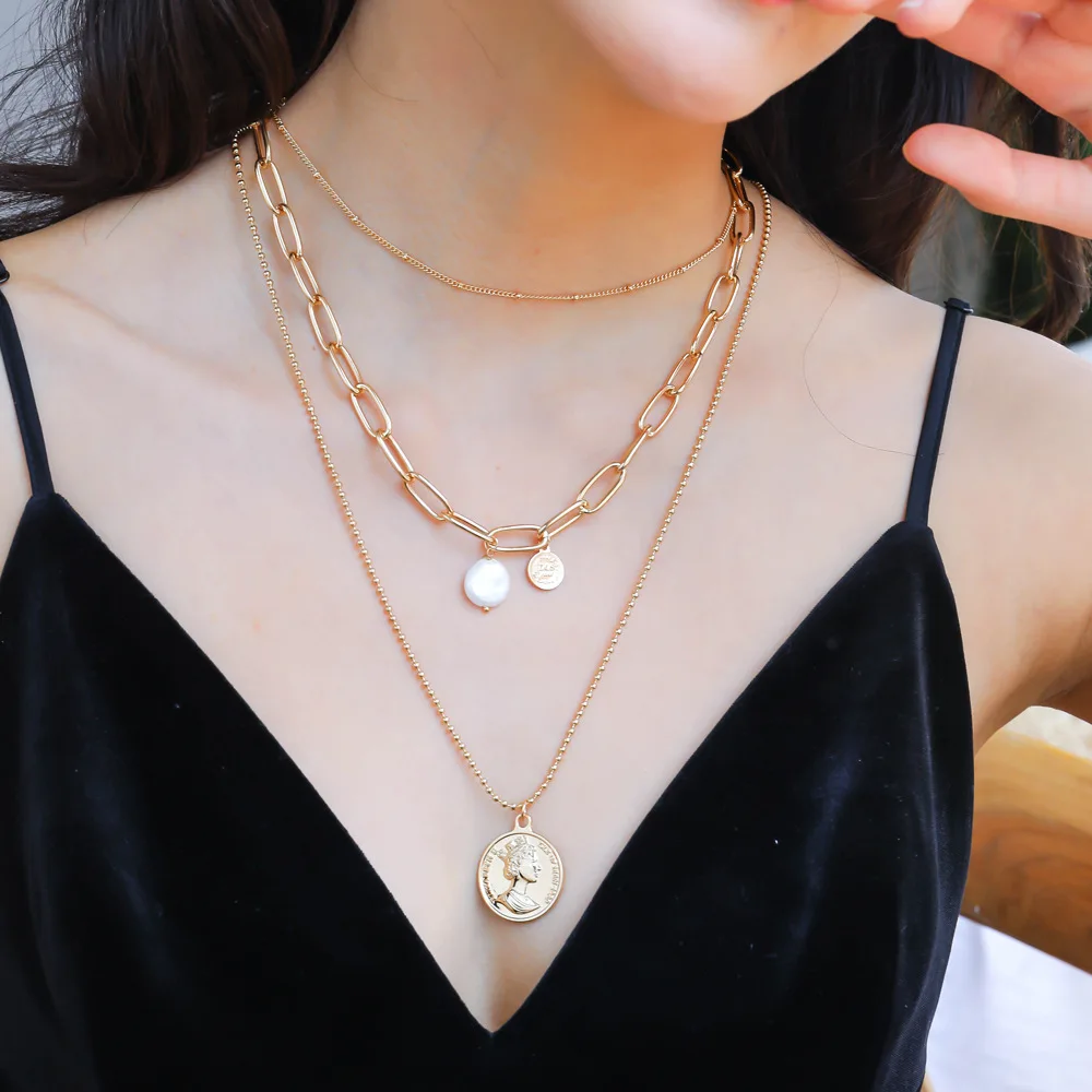 
New Version Necklace For Women Alloy Mutilayered Lock Coin Pendant Long Chain Necklace Choker Collar Fashion Jewelry 