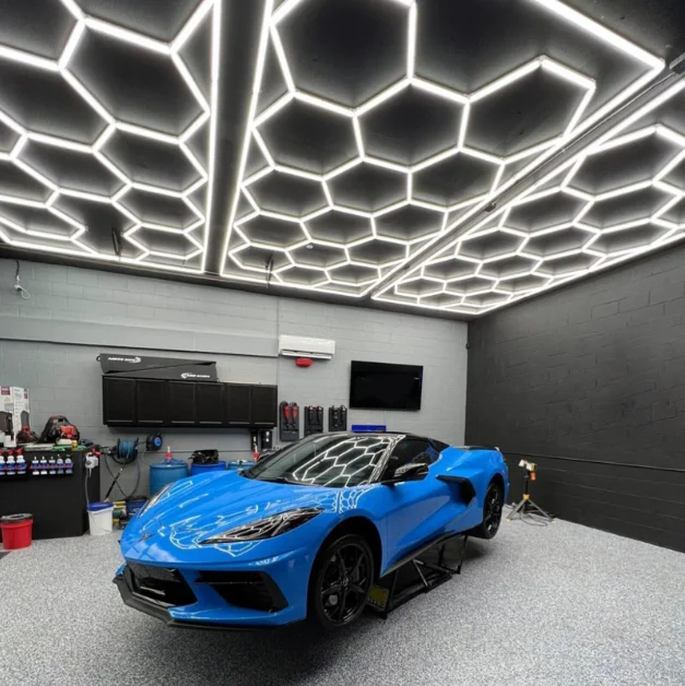E-top Honeycomb Car Detail ing Products Light Bar Hexagon Lighting for Car Wash Station Garage Ceiling Design