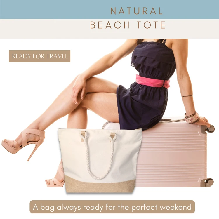 Eco Friendly Shopping Ladies Shoulder Bags Reusable Large Canvas Tote Beach Bag with Zipper and Inside Pockets