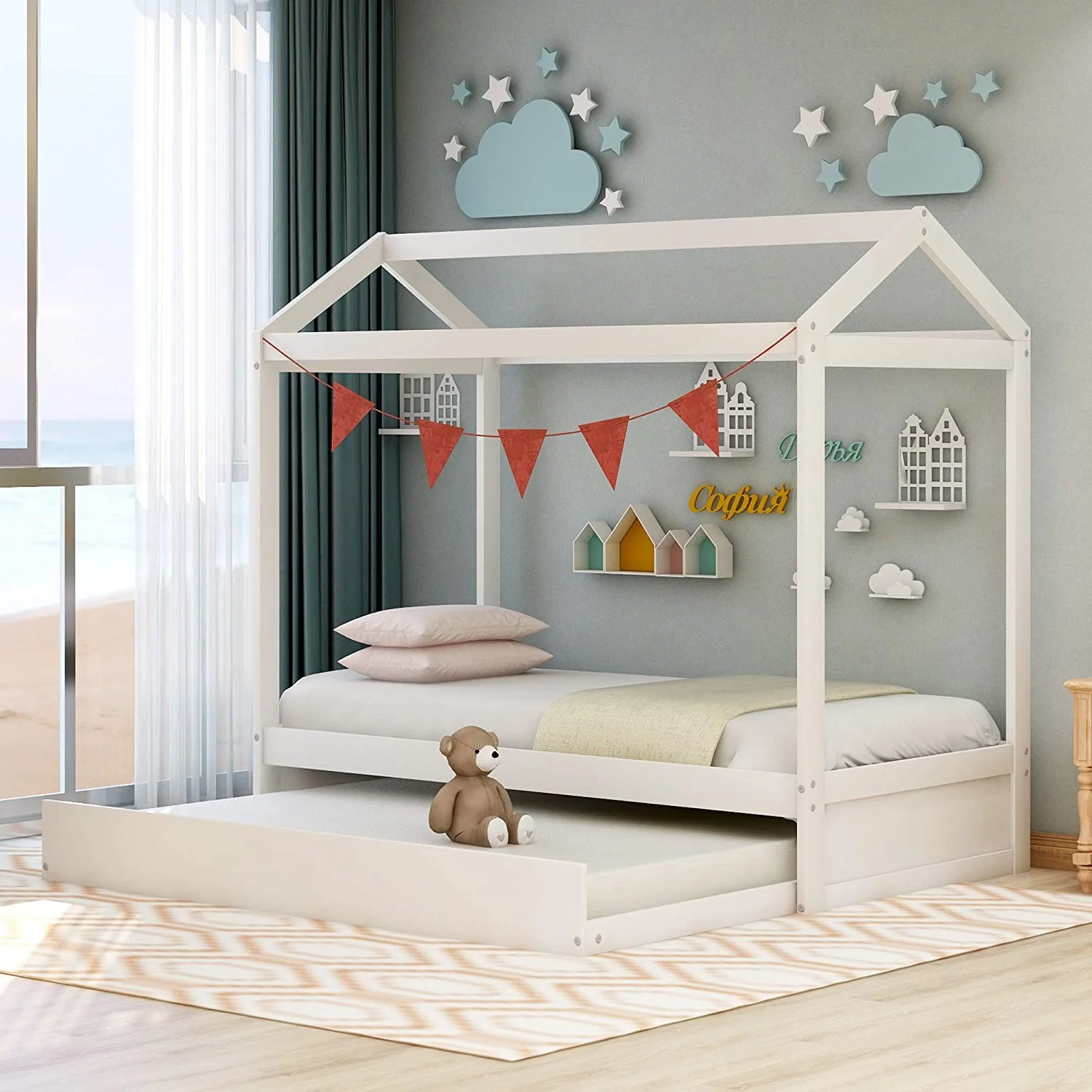 Children Wooden Kids Bed With Drawer Storage Twin House Bed With Trundle