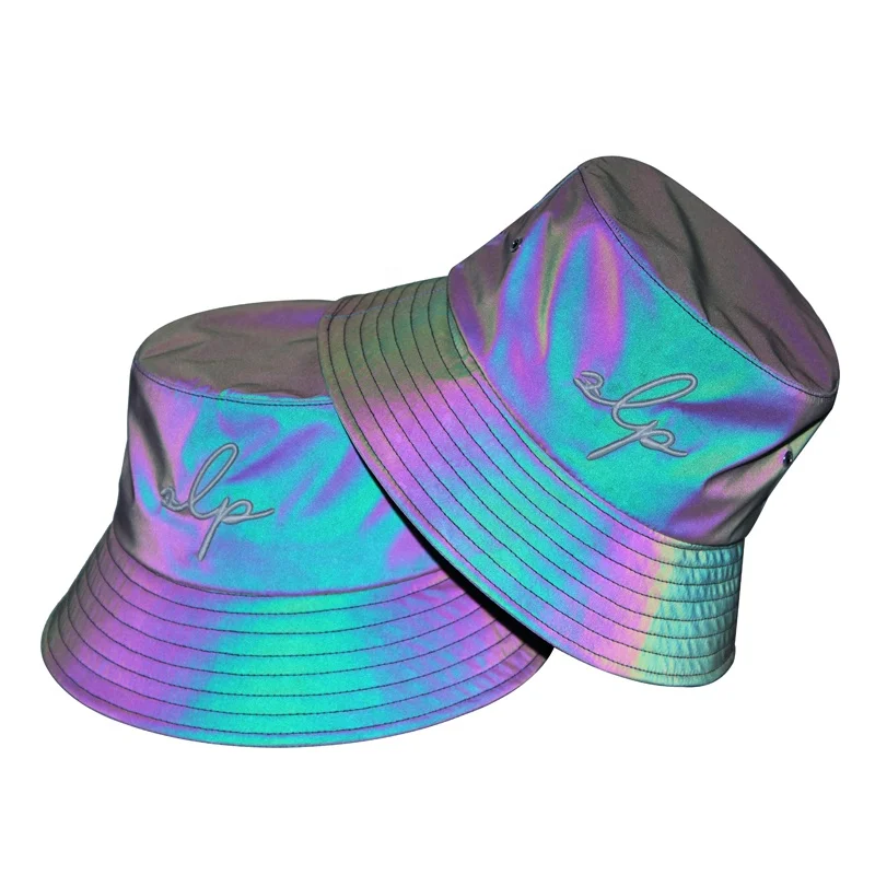 
High Quality Fashion Colorful Rainbow Reflective Bucket Hat With Custom 3D Embroidery Logo 