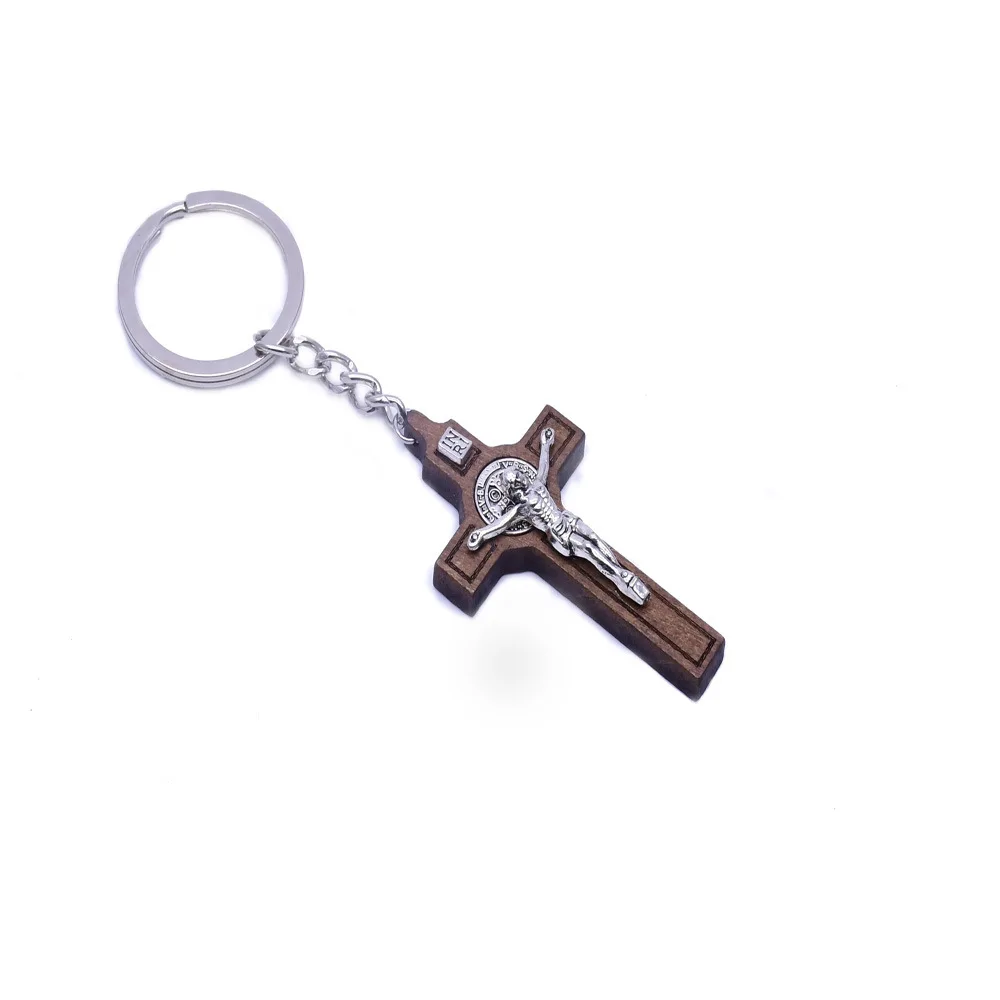 Custom St. Benedict wooden key chain pendant Metal Religious Jesus Keychain With Cross