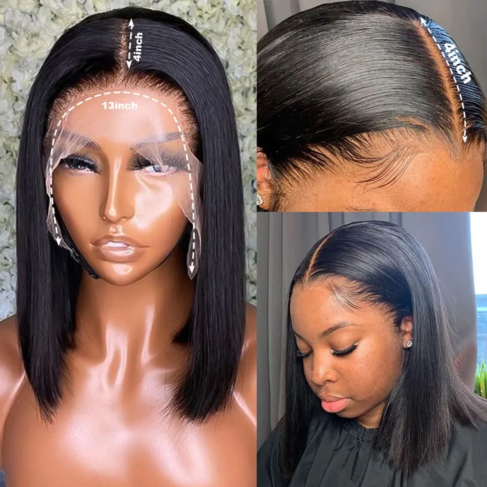 Short Bob Style Swiss Lace Front 4x4 Closure Wig For Black Women Natural Straight Wave Brazilian Human Remy Hair Lace Front Wig