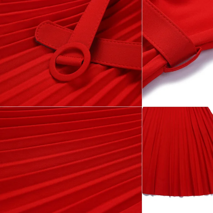 Classy Cute Pure Color Crew Neck High Waist Elegant Dress Short Sleeve Organ Pleated Dress With Belt Ladies