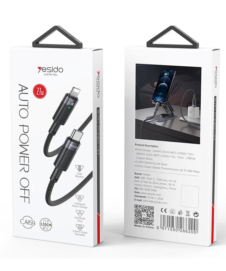 Yesido PD 27W Fast Charging And Transmission Nylon Thread Smart Power Off Lighting-Type-C Data Cable