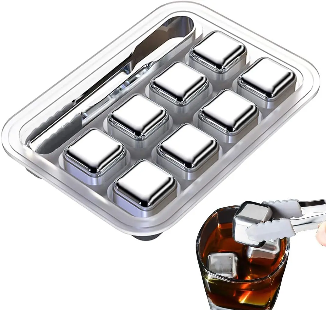 Reusable Ice Cube Whiskey Stones Stainless Steel Chilling Cubes for Drinks with Ice Tongs and Freezer Storage Tray for Whiskey