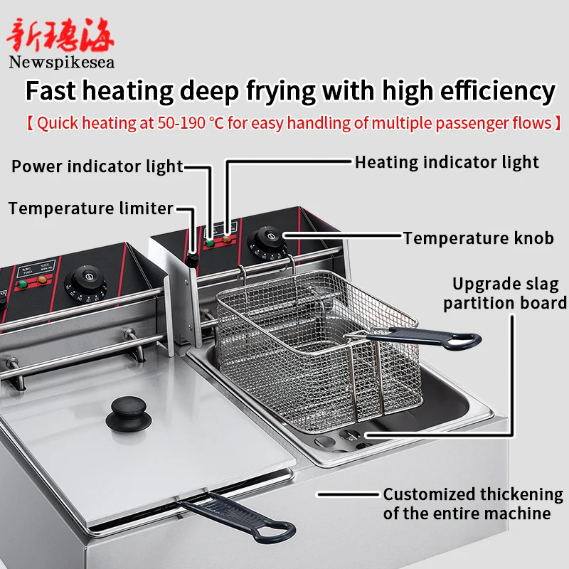Commercial new oil fryer electric fryer double oil pan chicken fryer 2500W multifunctional French fries