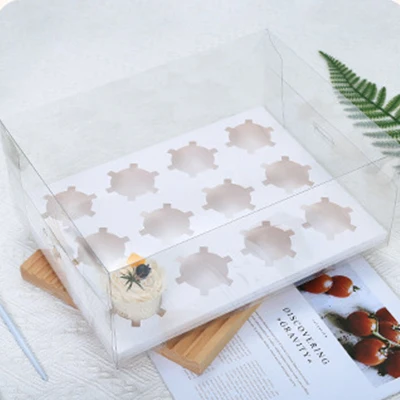 Hot Sale Heightened 12 Holes Clear Plastic Cup Cake Box Packaging With Dip Cup Insert For Bakery Shop