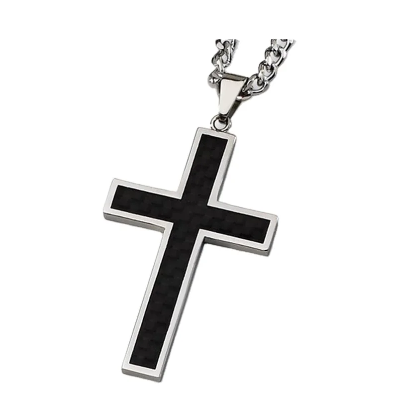 Stainless Steel Polished Cross with Black Carbon Fiber Inlay Pendant