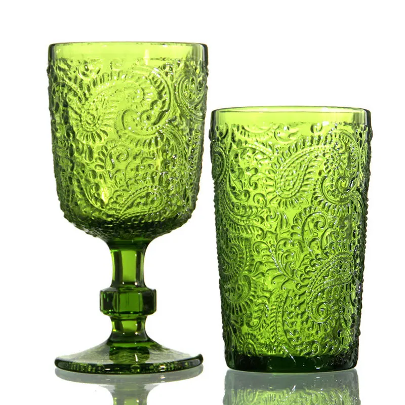 wholesale Mexico Embossed green amber water cup colored Goblet red wine glass Vintage Wine Glasses