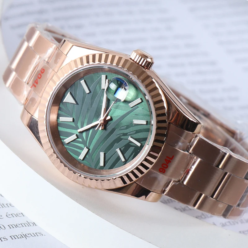 Custom LOGO Name NH35 Steel Watch 36mm/39mm Automatic Movement Leaf Pattern Dial 10Bar/100meter Waterproof Luxury Wristwatch