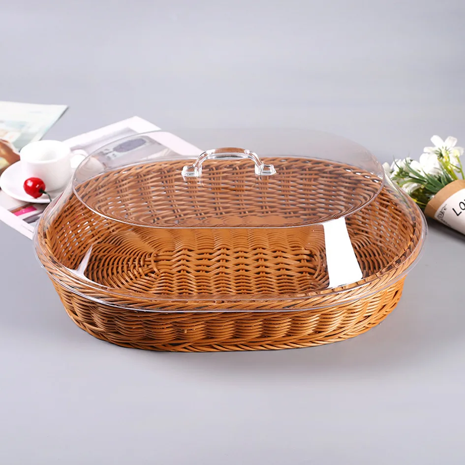 Small Fruit PP Rattan Rectangular Storage Baskets Kitchen Food Bread Weave Plastic Woven Basket With Lid