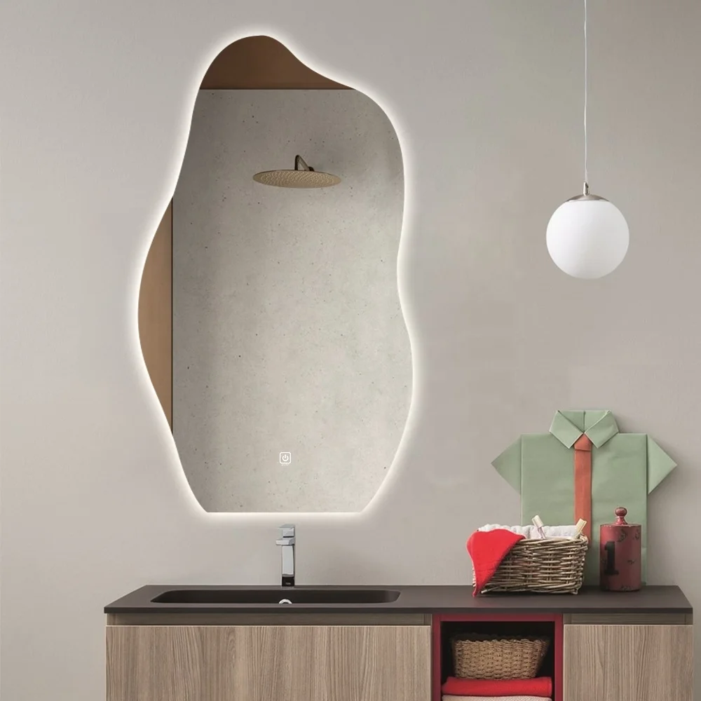 Touch Screen Smart Mirror Irregular Bathroom Makeup Mirror Wall Hanging Illuminated Heated Glass Led Bath Mirrors