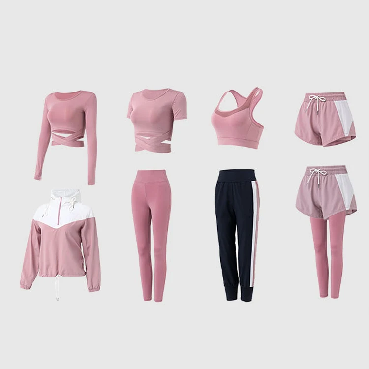 
Hot sell pink color wholesale 7 piece set women sport workout fitness wear 