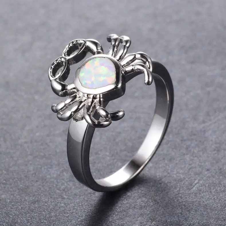 Wholesale August Rings Jewelry Women Silver Color Cute Animal Crab White/Blue Opal