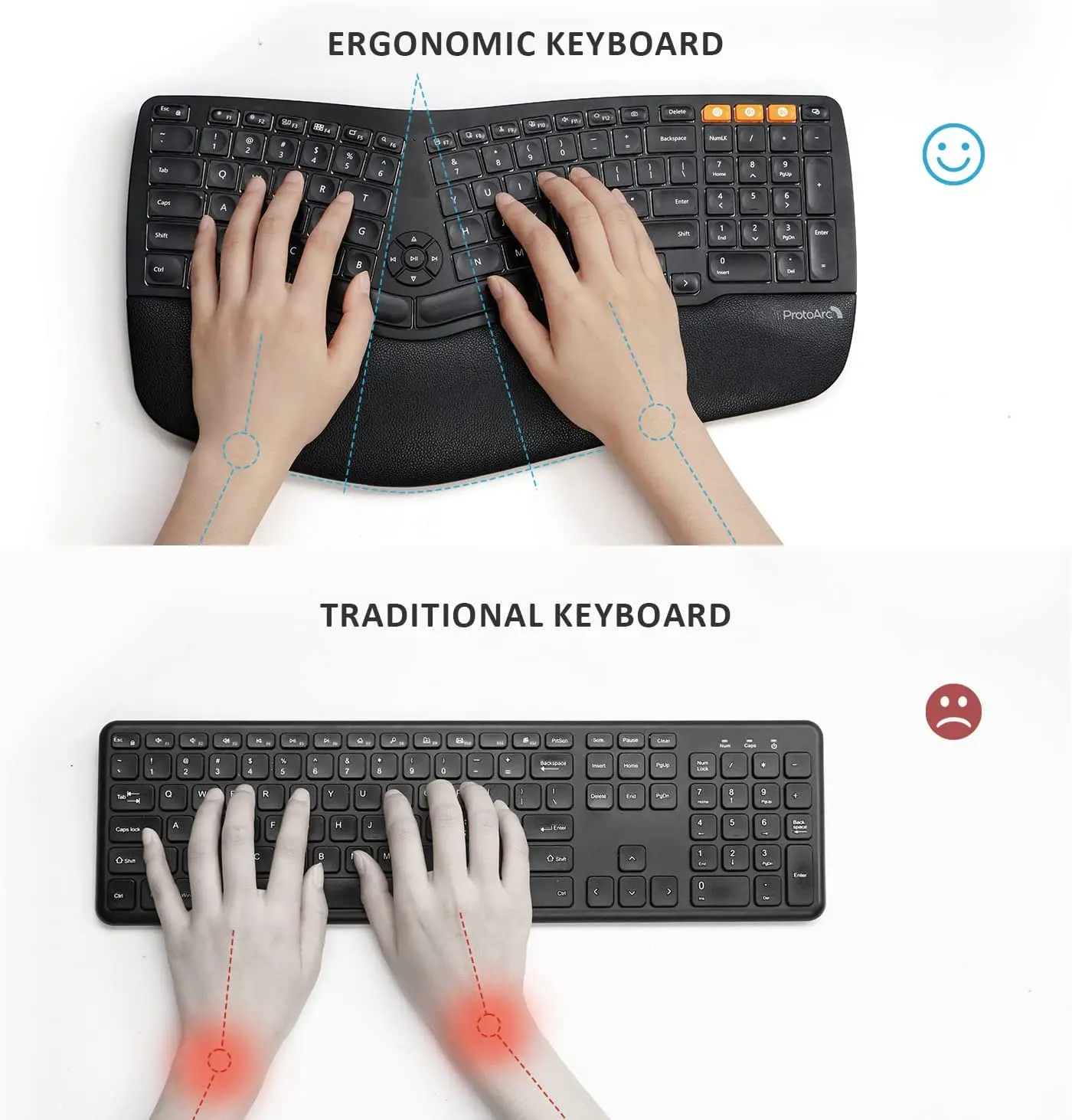 ProtoArc EK01 Dual Mode Computer Office Silent Blue tooth Ergonomic Rechargeable Wireless Keyboards Keyboard
