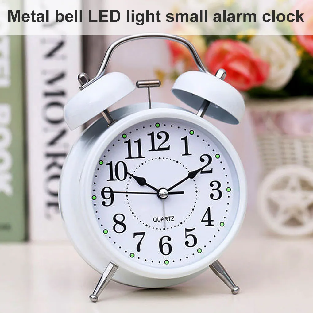 Alarm Clock Retro Twin Bell Metal Desk Table Analog Clock Silent with Night Light for Home Office Mini Travel Alarm Clock