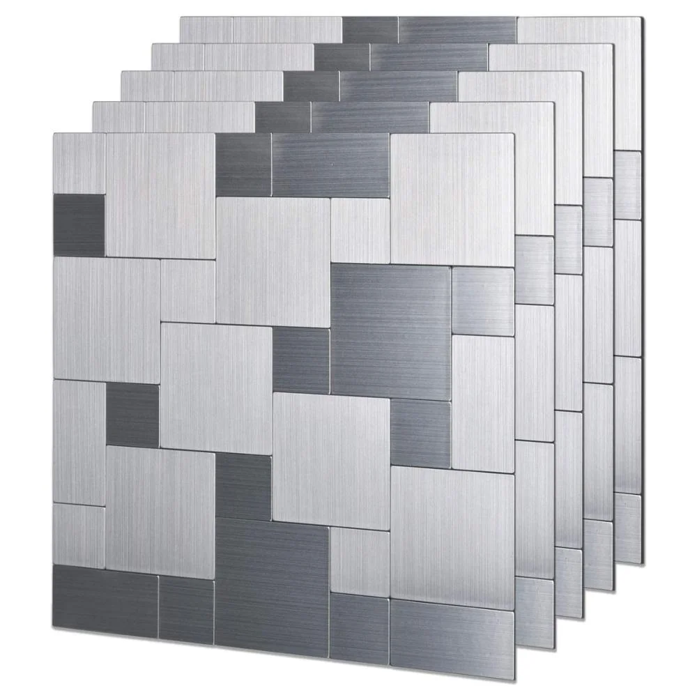 Peel and Stick On Metal Aluminium Backsplashes, Puzzle Brush Silver Square - 10 Piece Per Box