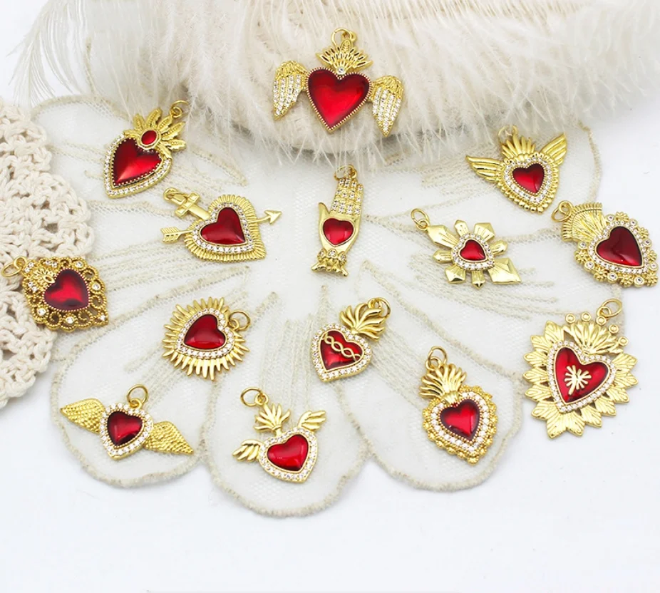 Hot Selling Dainty Choker Red Zircon Stone Necklaces Gold Plated Jewelry Women Mother Angel Heart Necklace