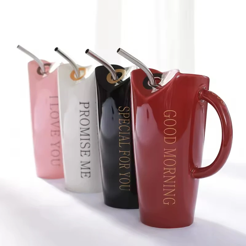 Christmas Gift 480ML Portable Travel Milk Cup Home Office Coffee Mug with Straw Ceramic Coffee Cup Drink Cup