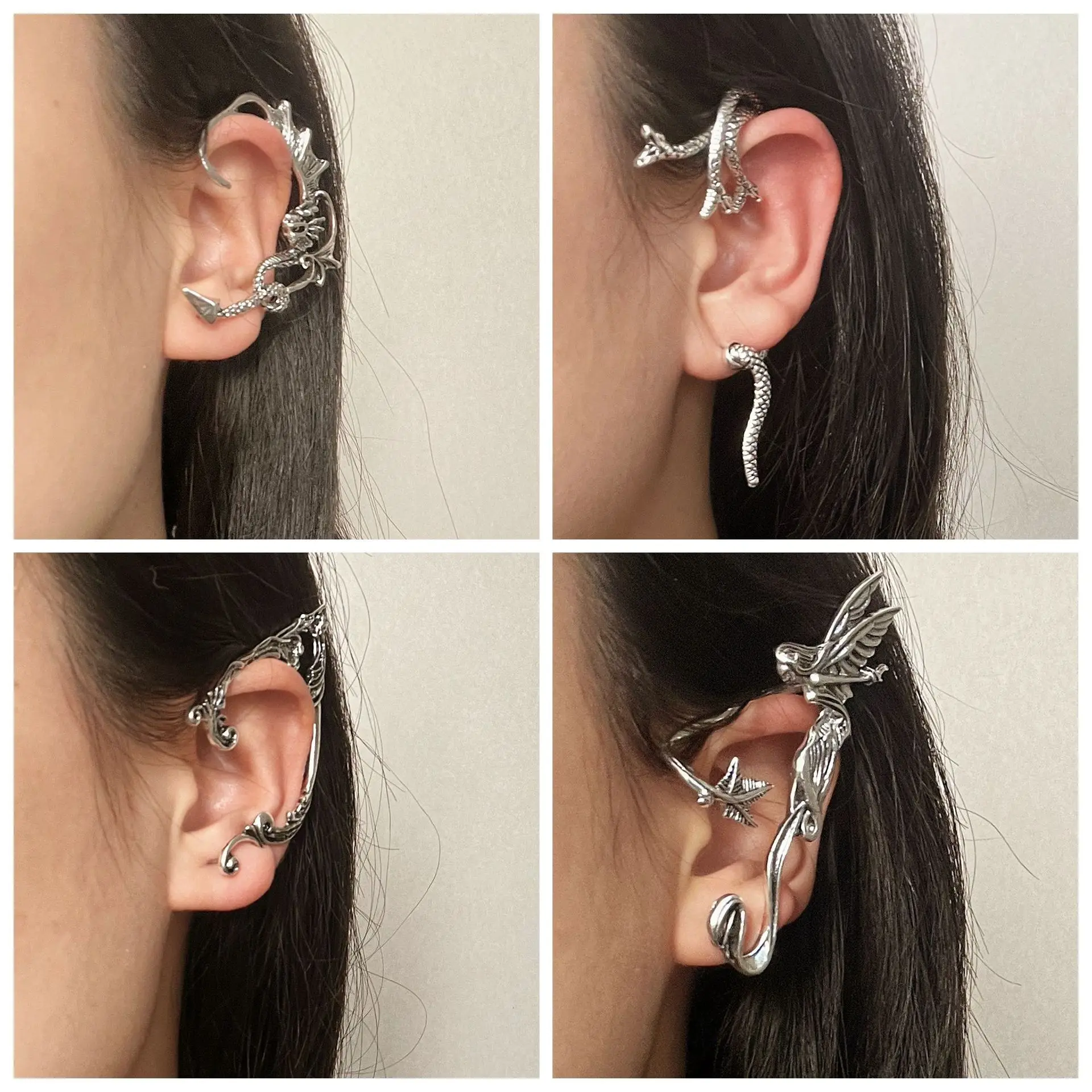 Vintage Cuff Wraps Climber Earrings Non Piercing For Women Snake Flower Heart Silver Ear Clip Wrap