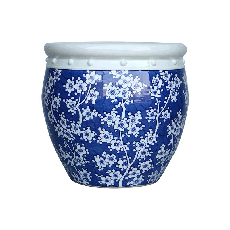 Vintage Chinese hand drawing blue and white Ice plum decorative ceramic big vat porcelain fishbowl flower pot