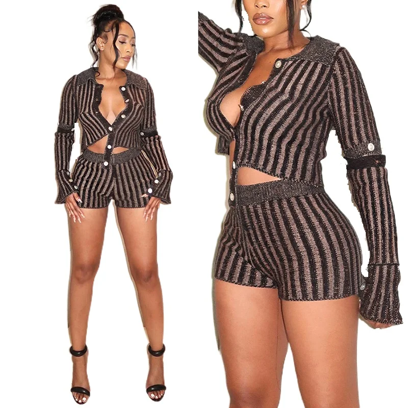 Wholesale Clothing Fall Striped Knitted Long Sleeve Cardigan Sweater Two Piece Pants Shorts Sweater Set For Women