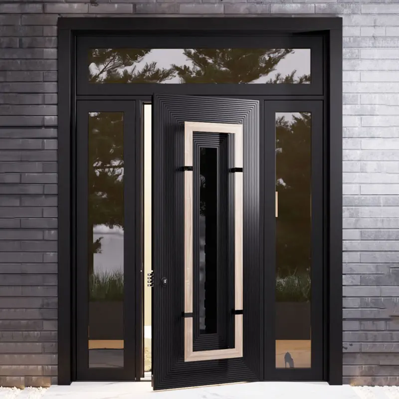 Guangzhou factory American modern style steel door custom villa security front door on both sides of the glass design