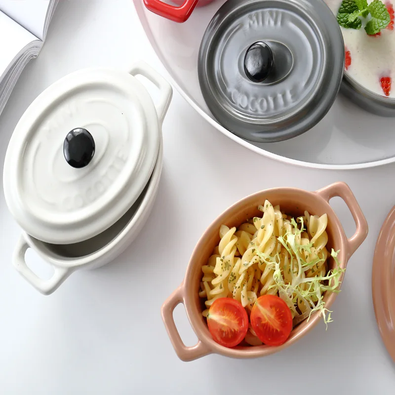 ZC Matte Japanese bowl stew cup with lid double ear Souffle roasting bowls for kitchen ceramic soup cup breakfast bowl ceramic