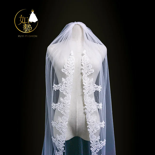 
1 tier applique lace Ivory Wedding long veil 